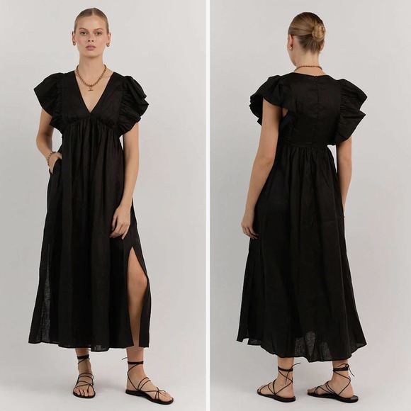 DISSH Dresses & Skirts - DISSH NWT Bonnie Linen Frill Midi Dress in Black Size 4